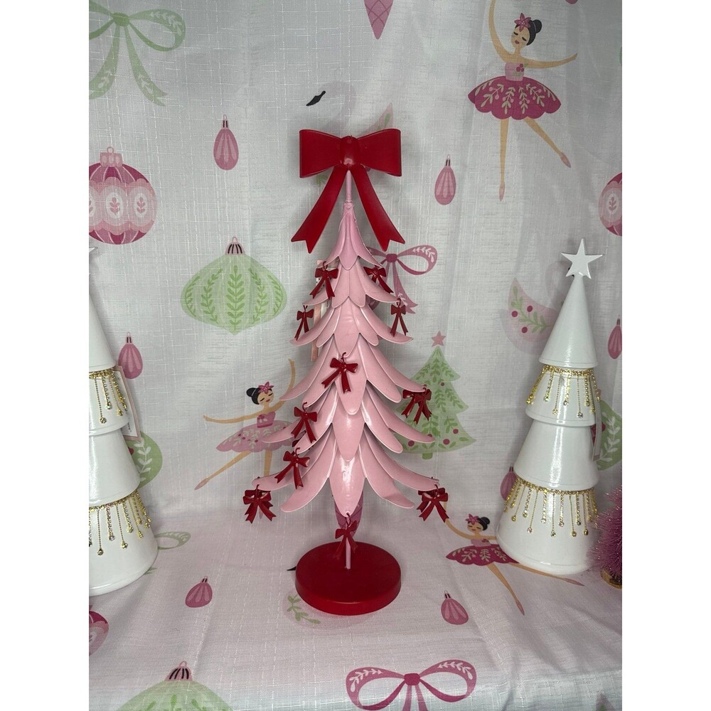 Cupcakes and Cashmere Metal Pink Christmas Tree with Red Bows